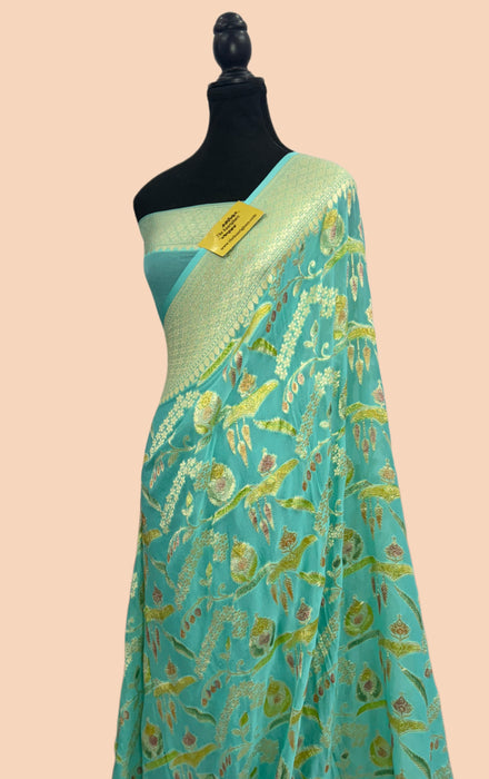 Sea Green Khaddi Georgette Banarasi Handloom Saree - Hand Meenakari