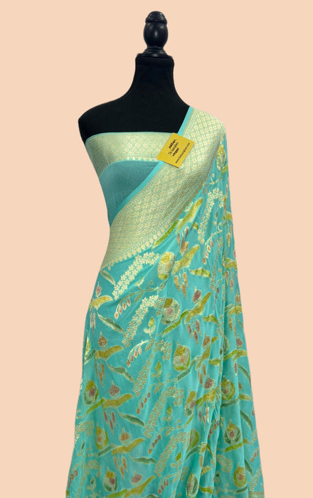 Sea Green Khaddi Georgette Banarasi Handloom Saree - Hand Meenakari