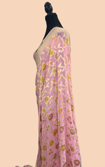Rose Pink Khaddi Georgette Banarasi Handloom Saree - Hand Meenakari