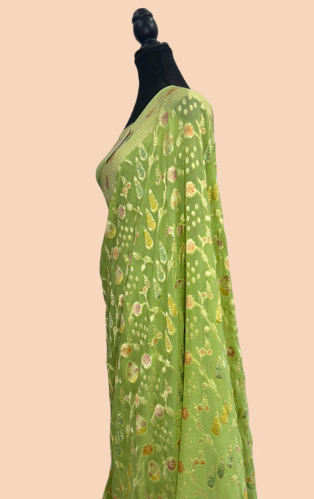 Pista Khaddi Georgette Banarasi Handloom Saree - Hand Meenakari