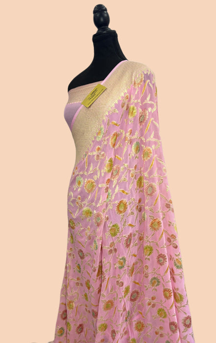 Rose Pink Khaddi Georgette Banarasi Handloom Saree - Hand Meenakari