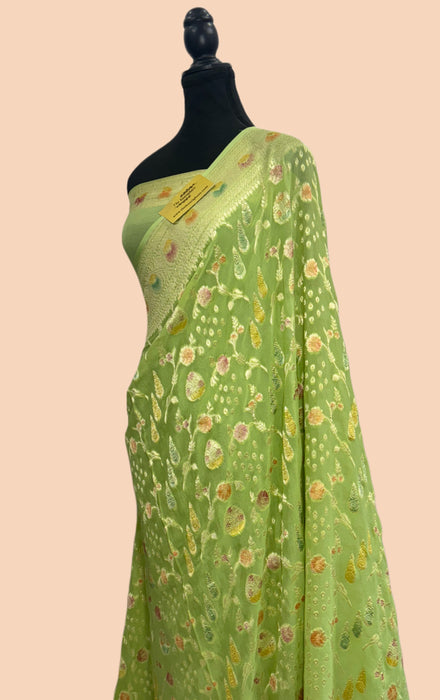 Pista Khaddi Georgette Banarasi Handloom Saree - Hand Meenakari