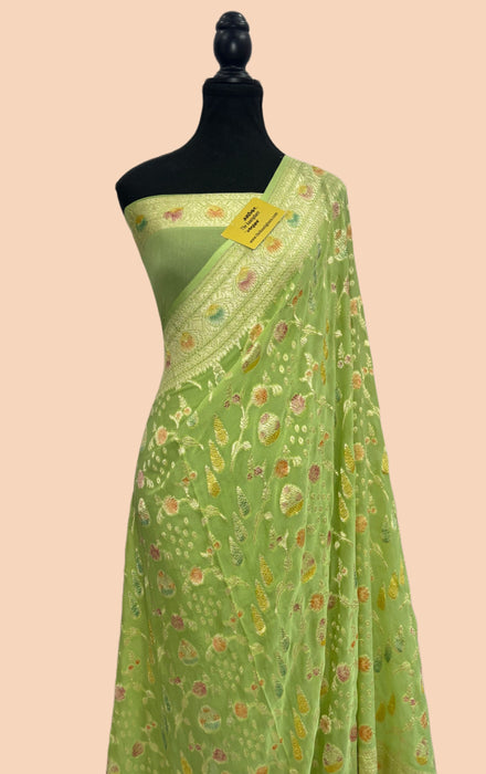 Pista Khaddi Georgette Banarasi Handloom Saree - Hand Meenakari