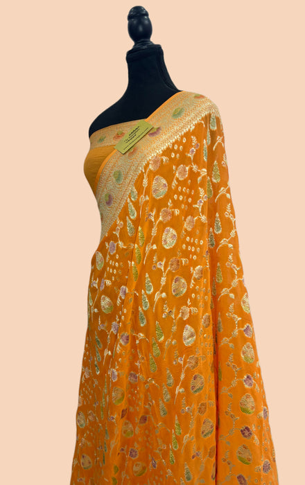 Dirty Orange Khaddi Georgette Banarasi Handloom Saree - Hand Meenakari