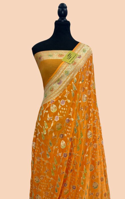 Dirty Orange Khaddi Georgette Banarasi Handloom Saree - Hand Meenakari