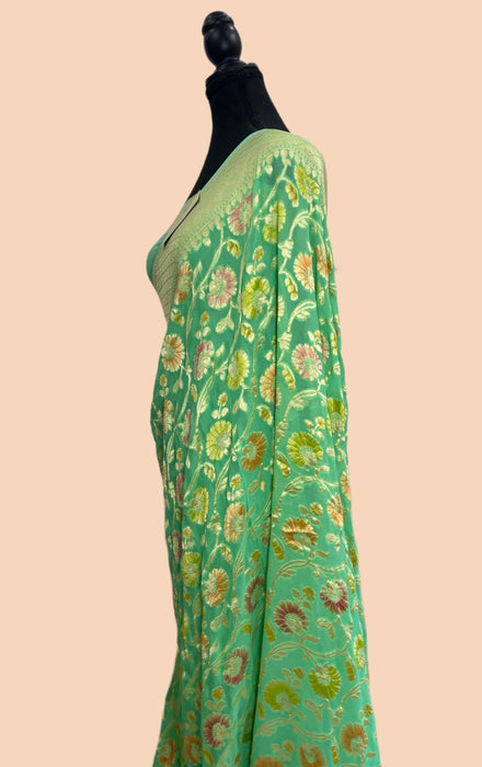 Persian Green Khaddi Georgette Banarasi Handloom Saree - Hand Meenakari