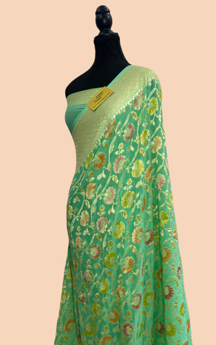 Persian Green Khaddi Georgette Banarasi Handloom Saree - Hand Meenakari