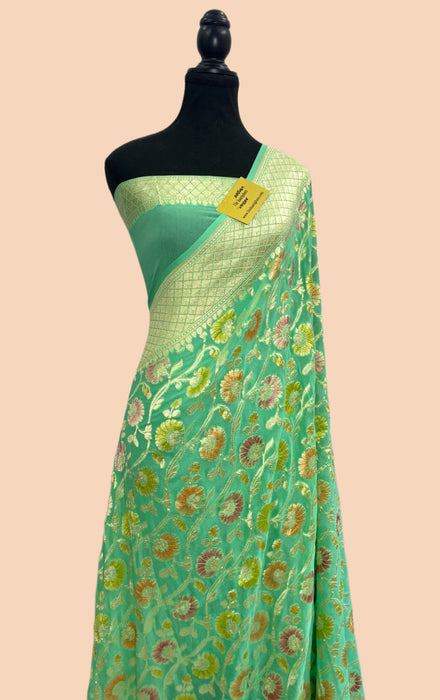Persian Green Khaddi Georgette Banarasi Handloom Saree - Hand Meenakari