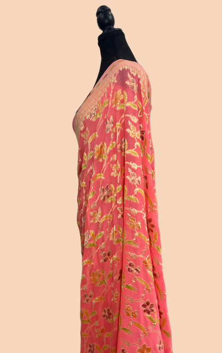 Pastel Red Khaddi Georgette Banarasi Handloom Saree - Hand Meenakari