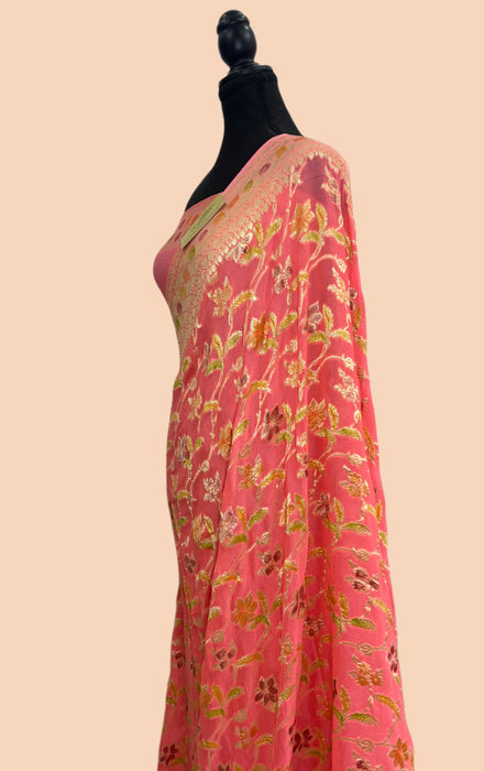 Pastel Red Khaddi Georgette Banarasi Handloom Saree - Hand Meenakari