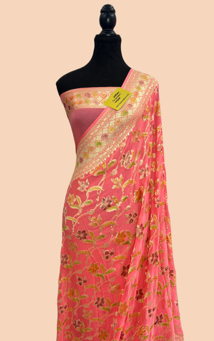 Pastel Red Khaddi Georgette Banarasi Handloom Saree - Hand Meenakari
