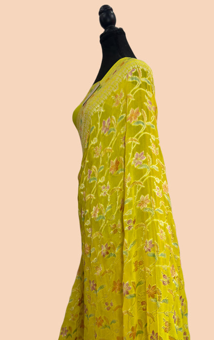 Yellow Khaddi Georgette Banarasi Handloom Saree - Hand Meenakari