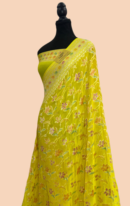 Yellow Khaddi Georgette Banarasi Handloom Saree - Hand Meenakari