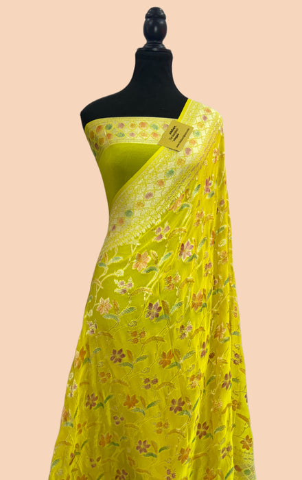 Yellow Khaddi Georgette Banarasi Handloom Saree - Hand Meenakari