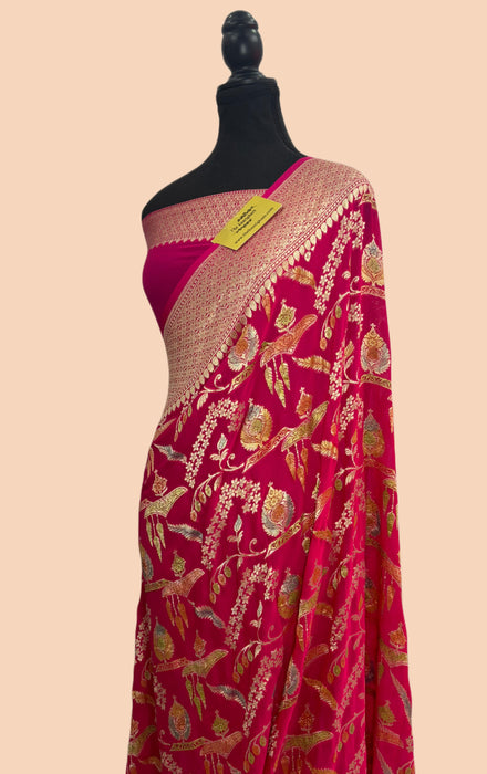 Rani Khaddi Georgette Banarasi Handloom Saree - Hand Meenakari