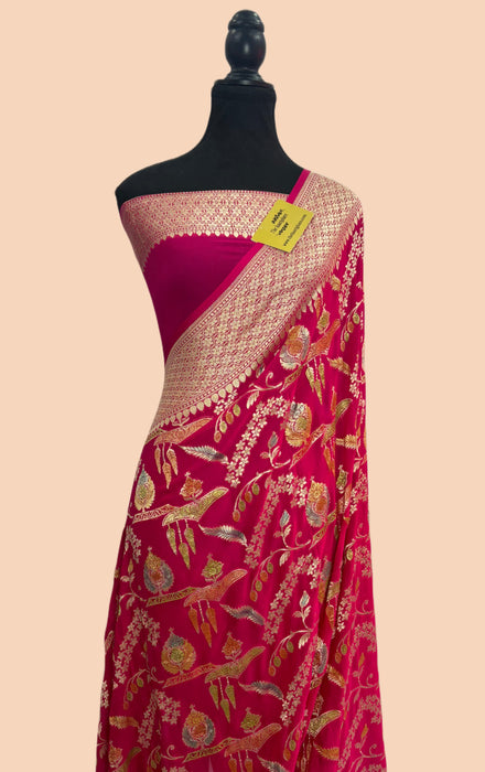 Rani Khaddi Georgette Banarasi Handloom Saree - Hand Meenakari