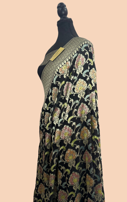 Black Khaddi Georgette Banarasi Handloom Saree - Hand Meenakari