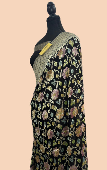 Black Khaddi Georgette Banarasi Handloom Saree - Hand Meenakari