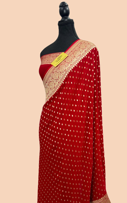 Red Khaddi Georgette Banarasi Handloom Saree - Water Zari
