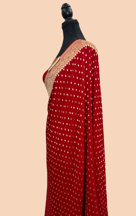 Red Khaddi Georgette Banarasi Handloom Saree - Water Zari