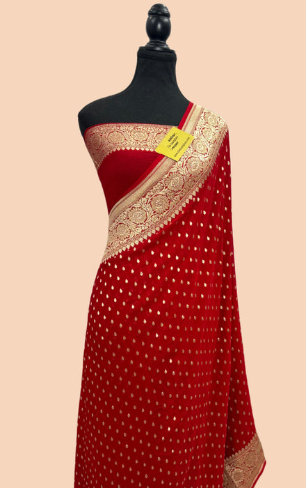 Red Khaddi Georgette Banarasi Handloom Saree - Water Zari
