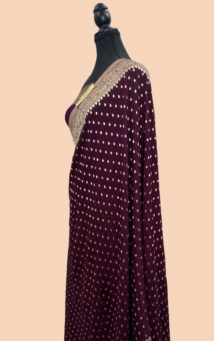 Wine Khaddi Georgette Banarasi Handloom Saree - Water Zari