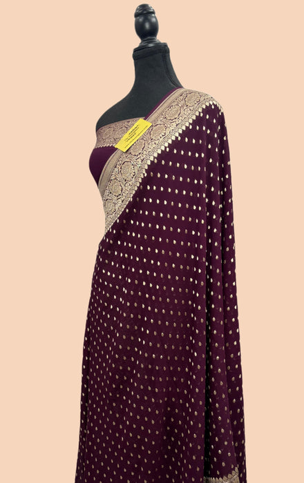 Wine Khaddi Georgette Banarasi Handloom Saree - Water Zari