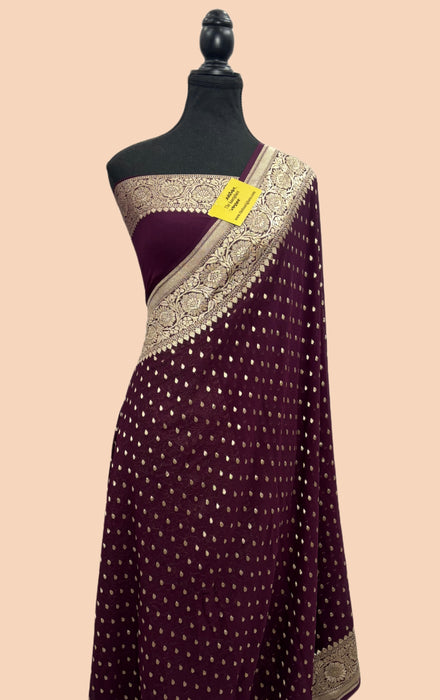 Wine Khaddi Georgette Banarasi Handloom Saree - Water Zari