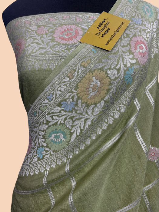 Pista Pure Tussar Georgette Banarasi Handloom Saree - Paithani