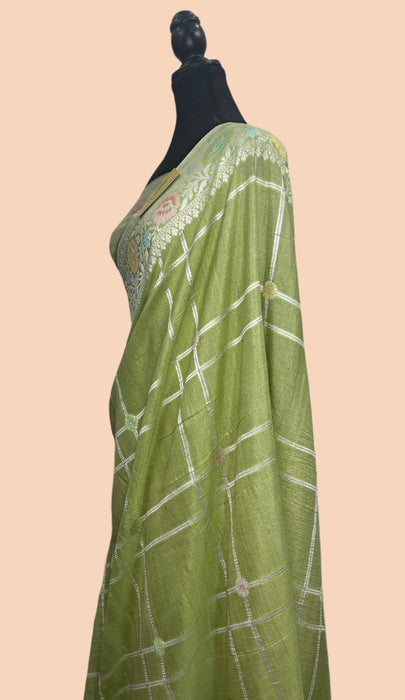 Pista Pure Tussar Georgette Banarasi Handloom Saree - Paithani