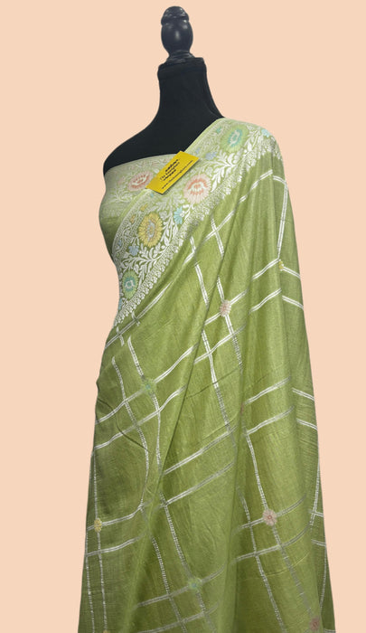 Pista Pure Tussar Georgette Banarasi Handloom Saree - Paithani