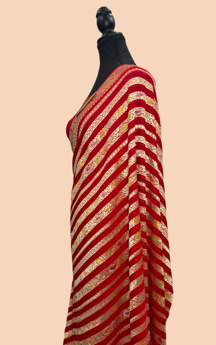 Red Khaddi Georgette Banarasi Handloom Saree - Hand Meenakari
