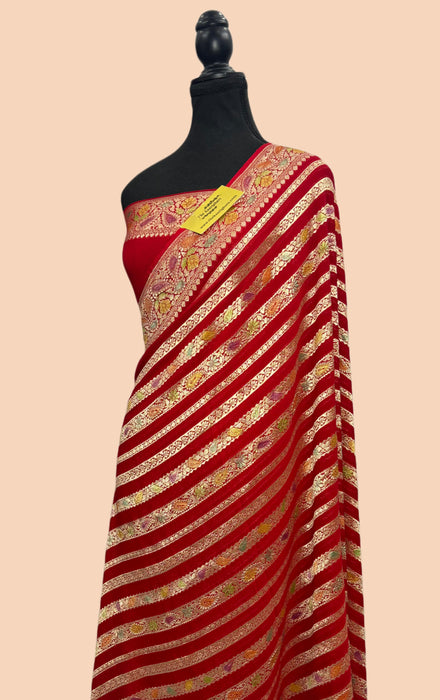 Red Khaddi Georgette Banarasi Handloom Saree - Hand Meenakari