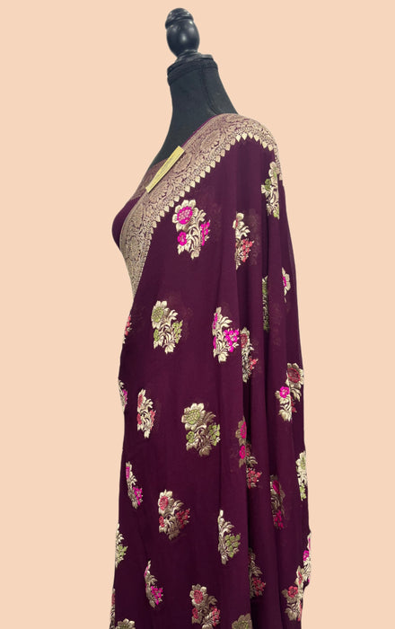 Wine Khaddi Georgette Banarasi Saree - Meenakari