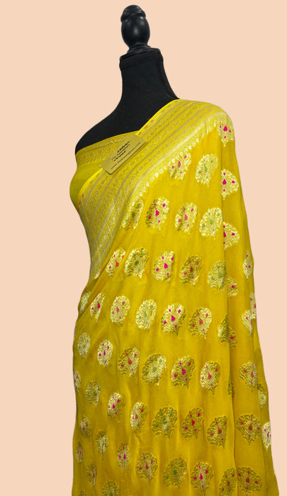 Yellow Khaddi Georgette Banarasi Handloom Saree - Meenakari