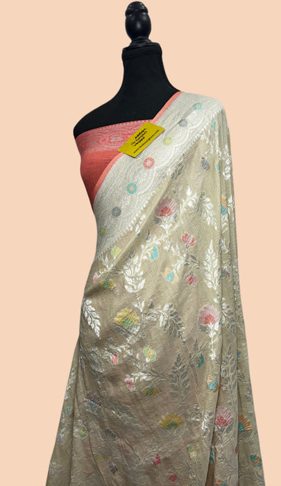 Pink Pure Tussar Georgette Banarasi Handloom Saree - Paithani