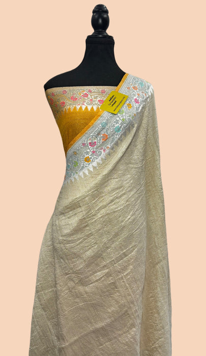 Gold Pure Tussar Georgette Banarasi Handloom Saree - Paithani