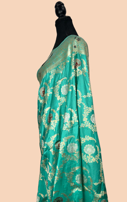 Sea Blue Pure Katan Silk Banarasi Handloom Saree - Roopa Meenakari Jaal Work