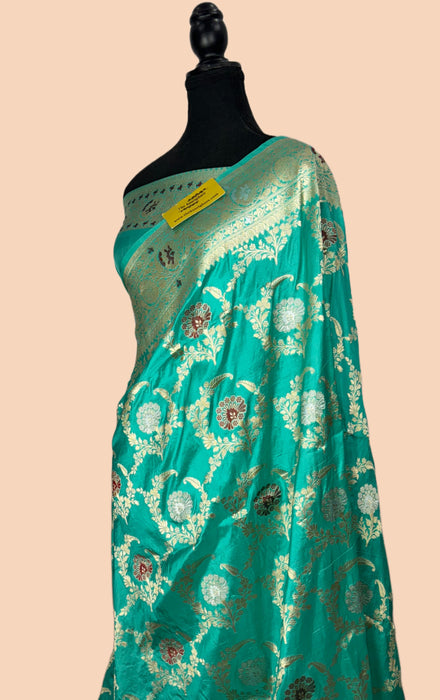 Sea Blue Pure Katan Silk Banarasi Handloom Saree - Roopa Meenakari Jaal Work