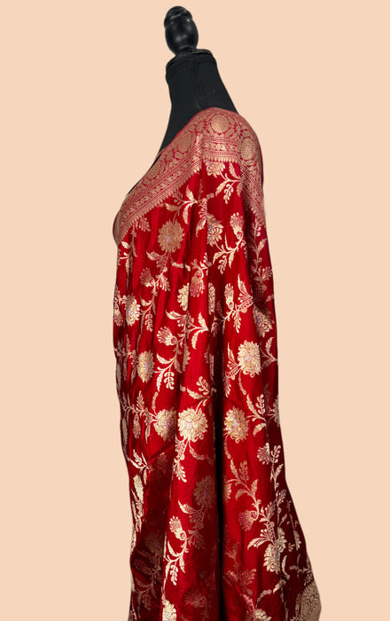 Red Whale Pure Katan Banarasi Handloom Saree - Sona Roopa Jaal Work
