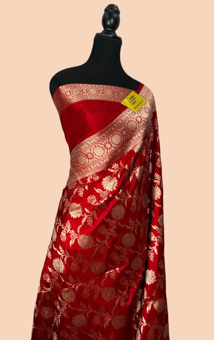 Red Whale Pure Katan Banarasi Handloom Saree - Sona Roopa Jaal Work