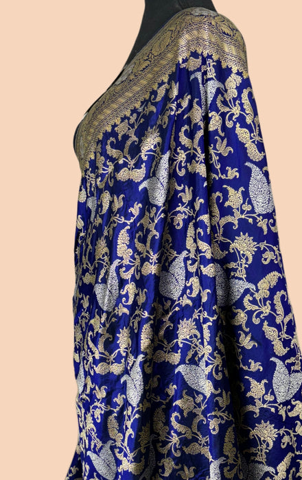 Deep Sapphire Pure Katan Silk Banarasi Handloom Saree - Sona Roopa Jaal Work