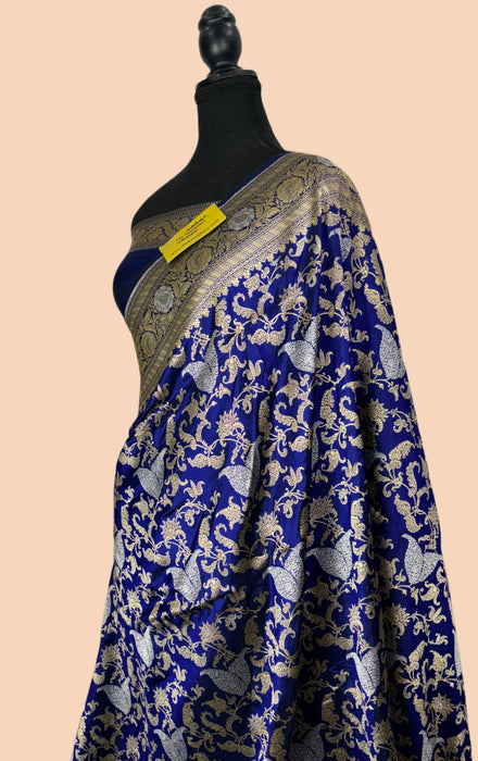 Deep Sapphire Pure Katan Silk Banarasi Handloom Saree - Sona Roopa Jaal Work