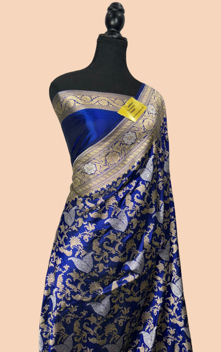 Deep Sapphire Pure Katan Silk Banarasi Handloom Saree - Sona Roopa Jaal Work