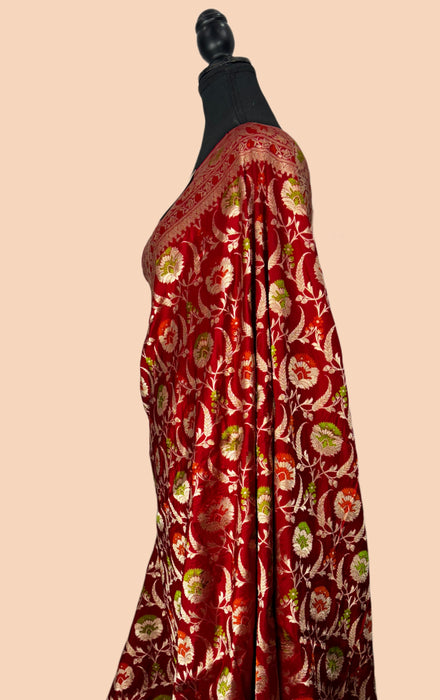 Maroon Pure Katan Banarasi Handloom Saree - Sona Meenakari