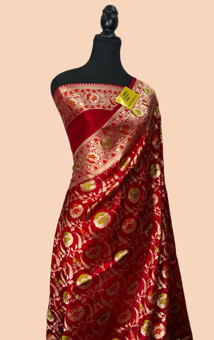 Maroon Pure Katan Banarasi Handloom Saree - Sona Meenakari
