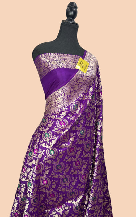 Dark Purple Pure Katan Silk Banarasi Handloom Saree - Sona Meenakari