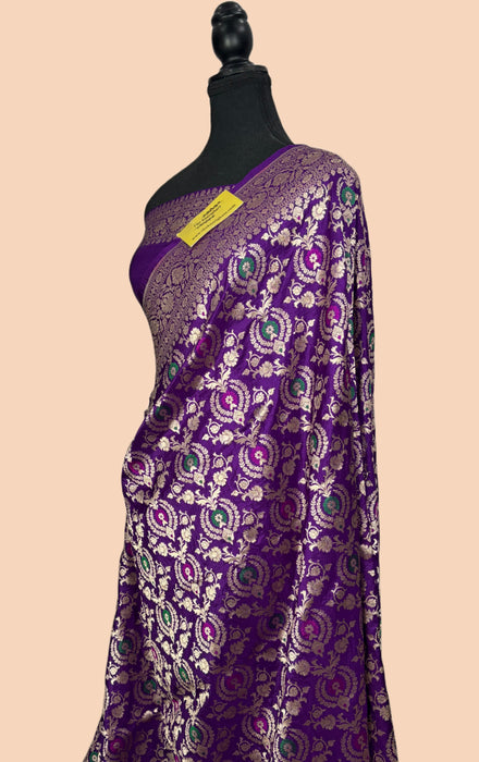 Dark Purple Pure Katan Silk Banarasi Handloom Saree - Sona Meenakari