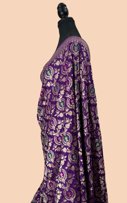 Dark Purple Pure Katan Silk Banarasi Handloom Saree - Sona Meenakari