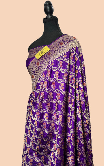 Spanish Purple Pure Katan Silk Banarasi Handloom Saree - Sona Roopa Meenakari